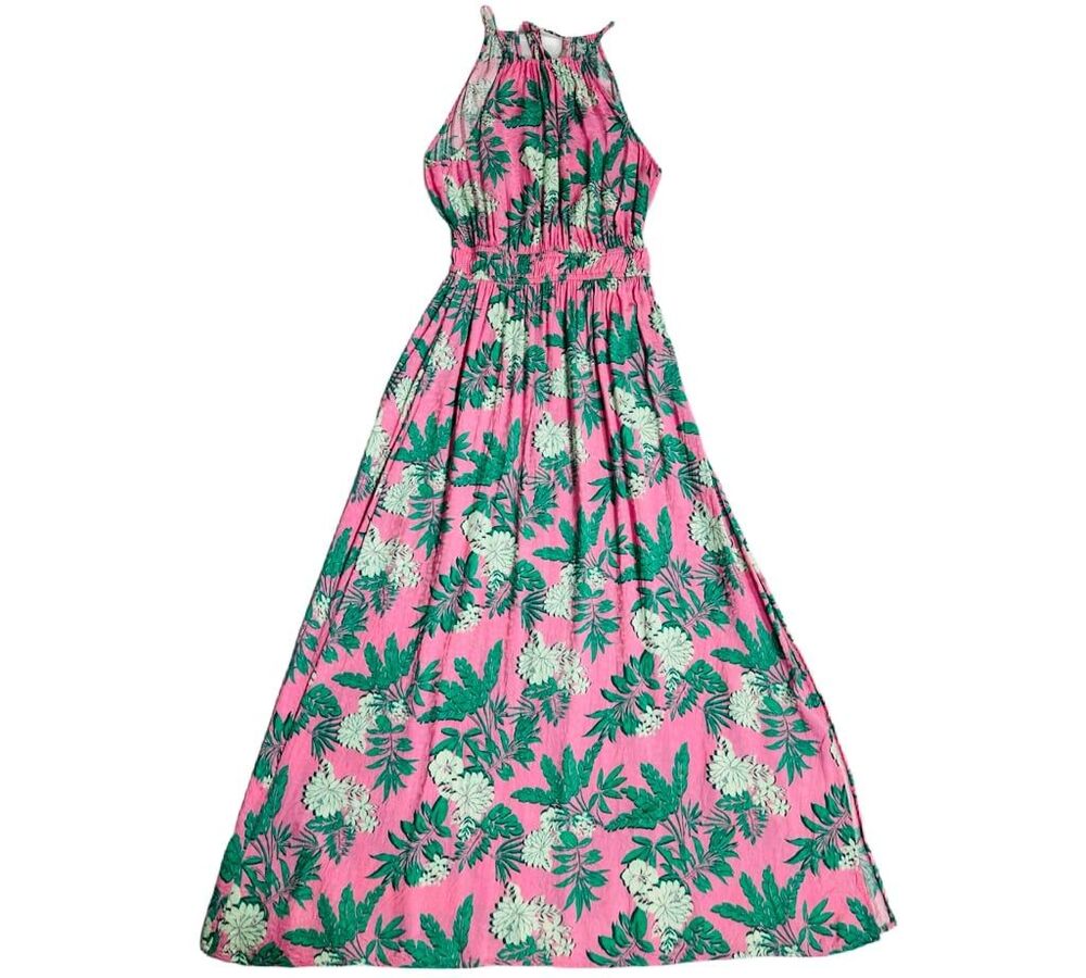 LOFT Pink Tropical Floral Print Viscose Halter-neck Lightweight Maxi Dress Sz 4
